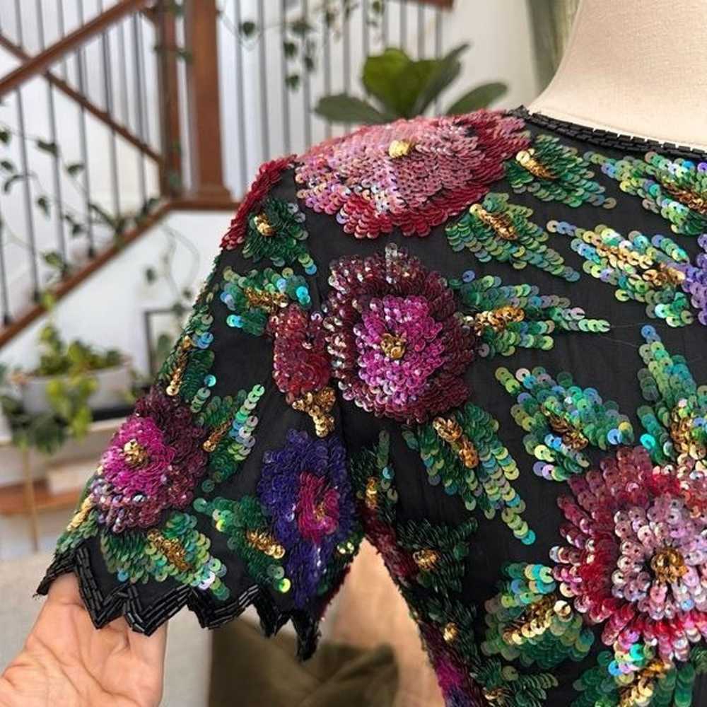 Vintage Laurence Kazar Silk Sequins Top Flower Ev… - image 3