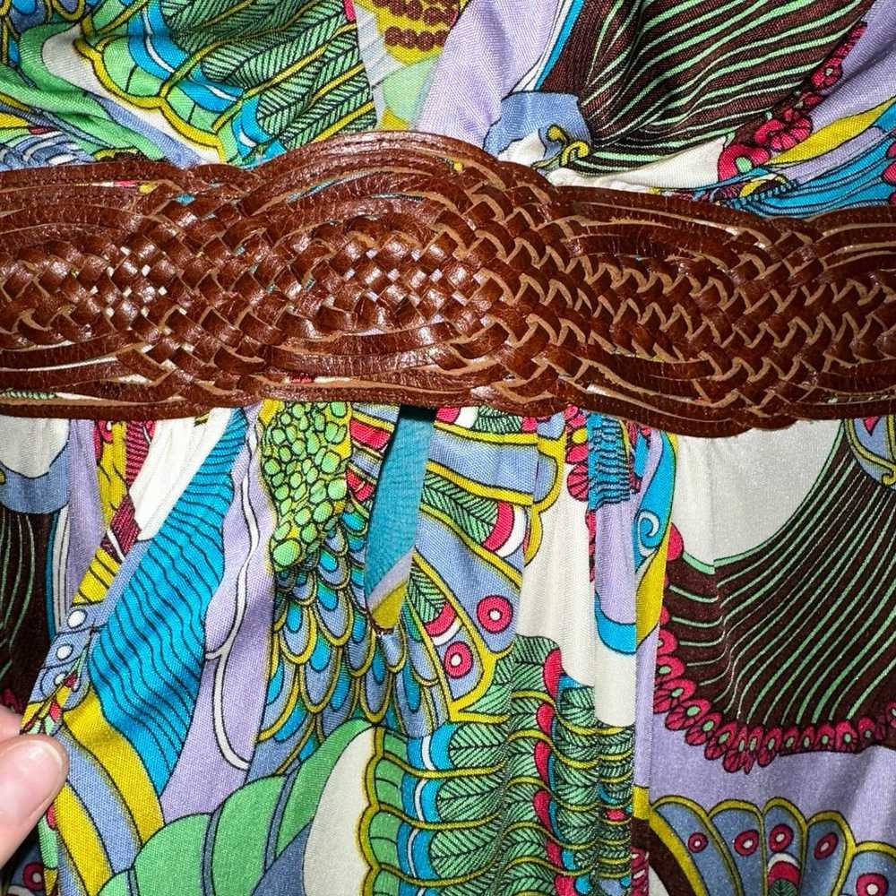 Sky Peacock Print Leather Braided Belt Silk Top - image 4