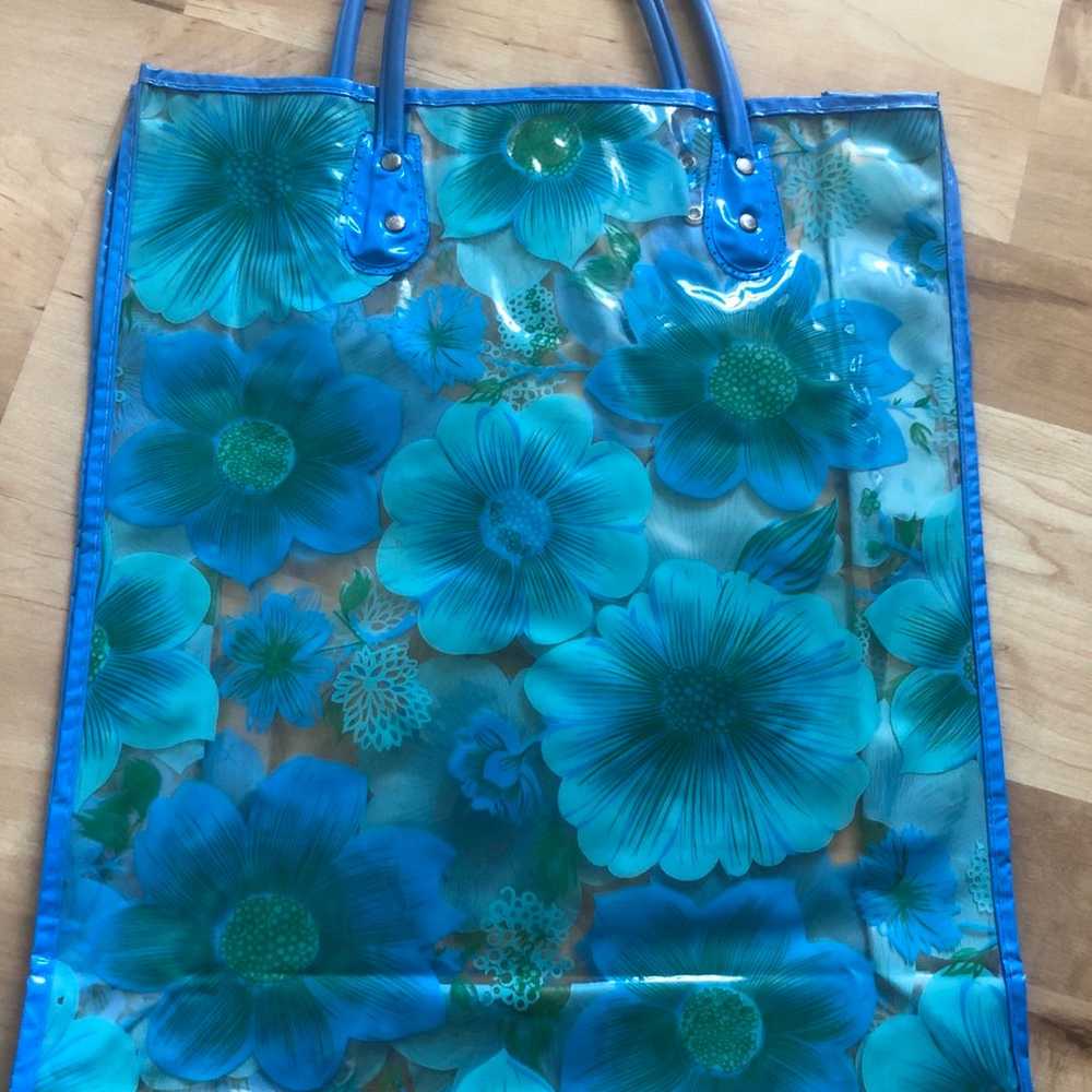 Vintage Clear Plastic Floral Tote Blue and Teal 6… - image 1