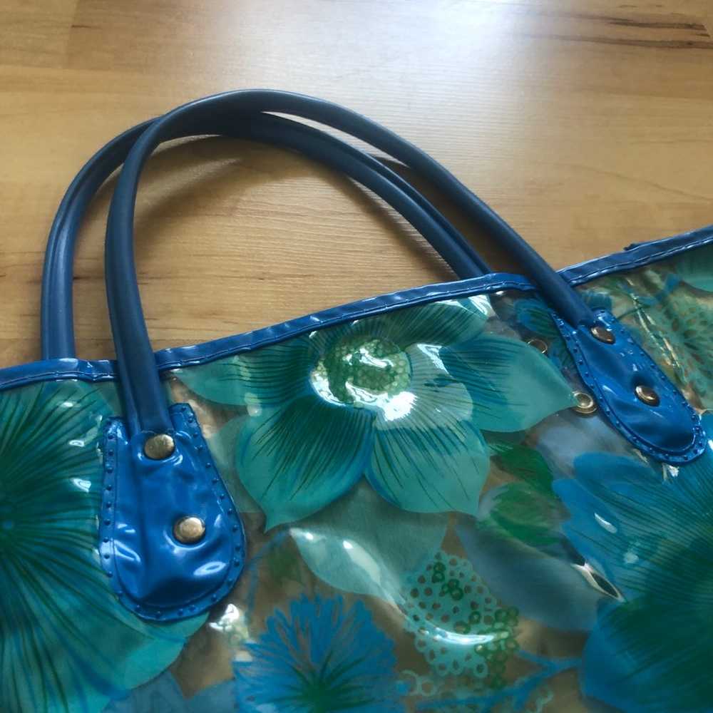 Vintage Clear Plastic Floral Tote Blue and Teal 6… - image 2