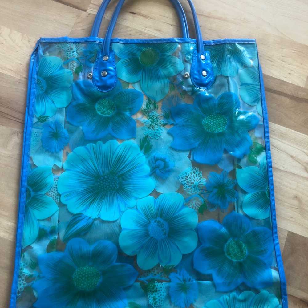 Vintage Clear Plastic Floral Tote Blue and Teal 6… - image 3