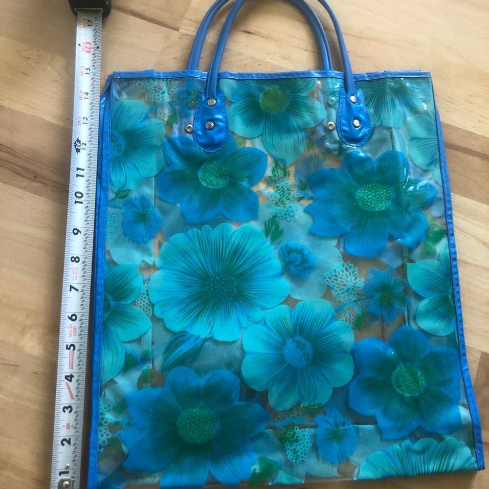 Vintage Clear Plastic Floral Tote Blue and Teal 6… - image 4