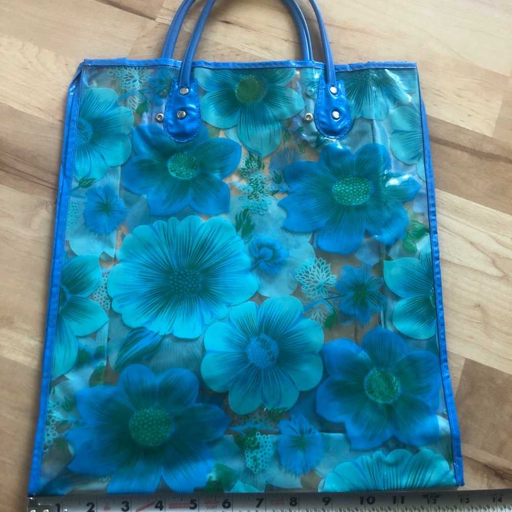 Vintage Clear Plastic Floral Tote Blue and Teal 6… - image 5