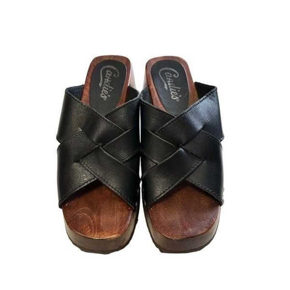 Vintage Candie's Leather Wooden Clog Sandal Women… - image 3