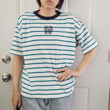 80s/90s White and Teal Striped Boxy Tee - image 1