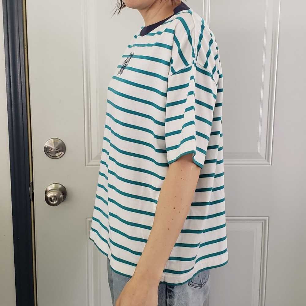 80s/90s White and Teal Striped Boxy Tee - image 2