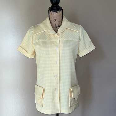 Vintage 70s Yellow Checkered Button Up Top Blouse - image 1