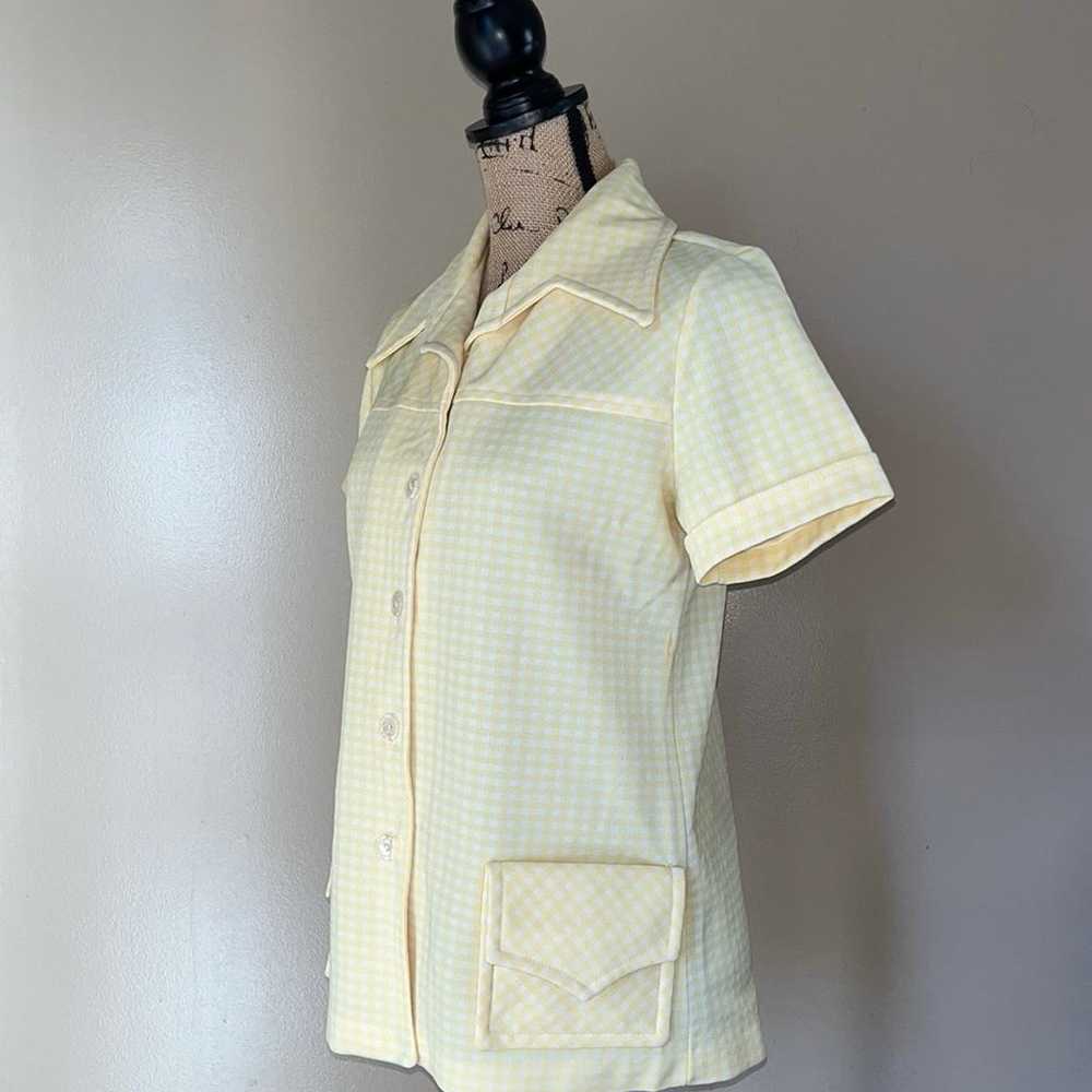 Vintage 70s Yellow Checkered Button Up Top Blouse - image 6