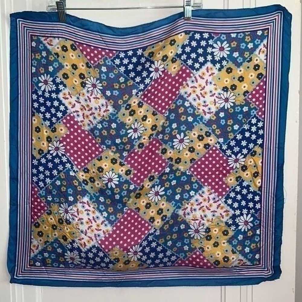 Vtg blue & pink flower power polyester scarf - image 1