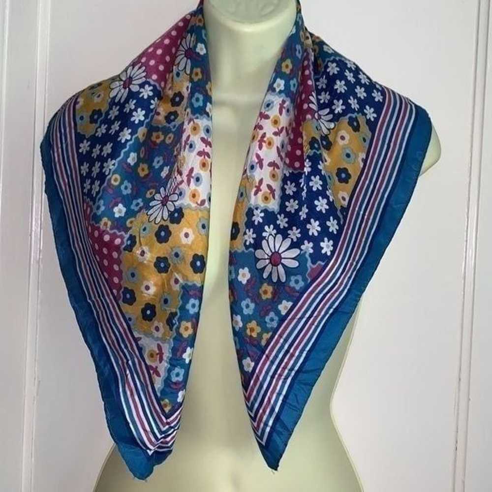 Vtg blue & pink flower power polyester scarf - image 8