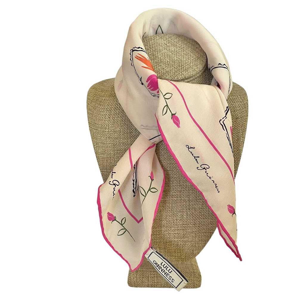Designer Lulu Guinness Pink Roses White Silk Squa… - image 2
