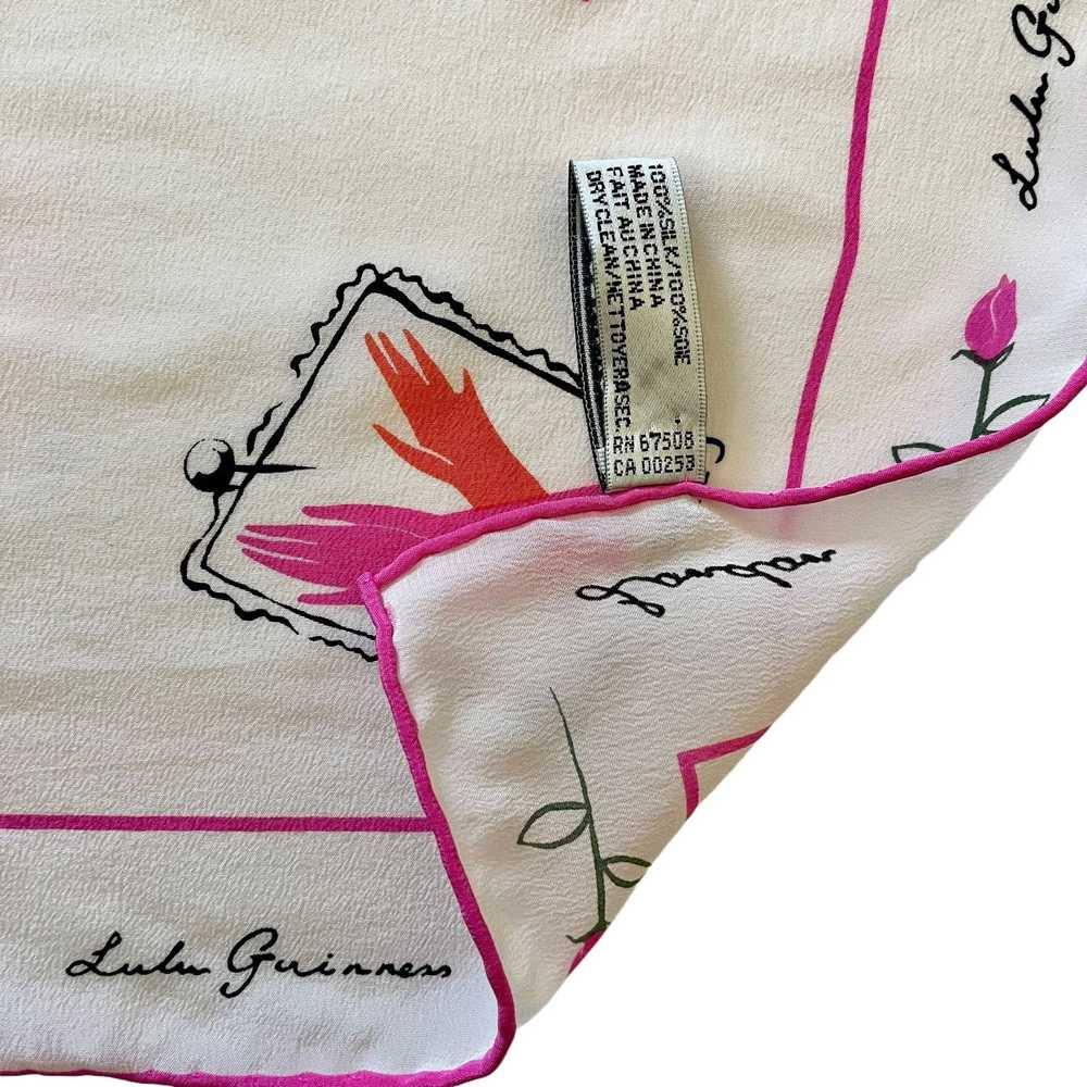 Designer Lulu Guinness Pink Roses White Silk Squa… - image 5