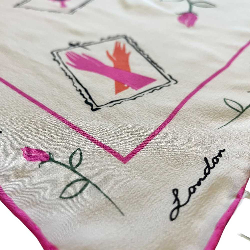 Designer Lulu Guinness Pink Roses White Silk Squa… - image 6