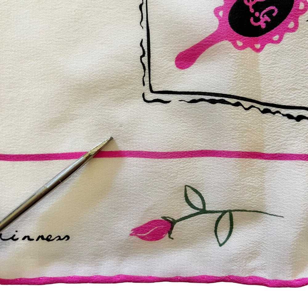Designer Lulu Guinness Pink Roses White Silk Squa… - image 7