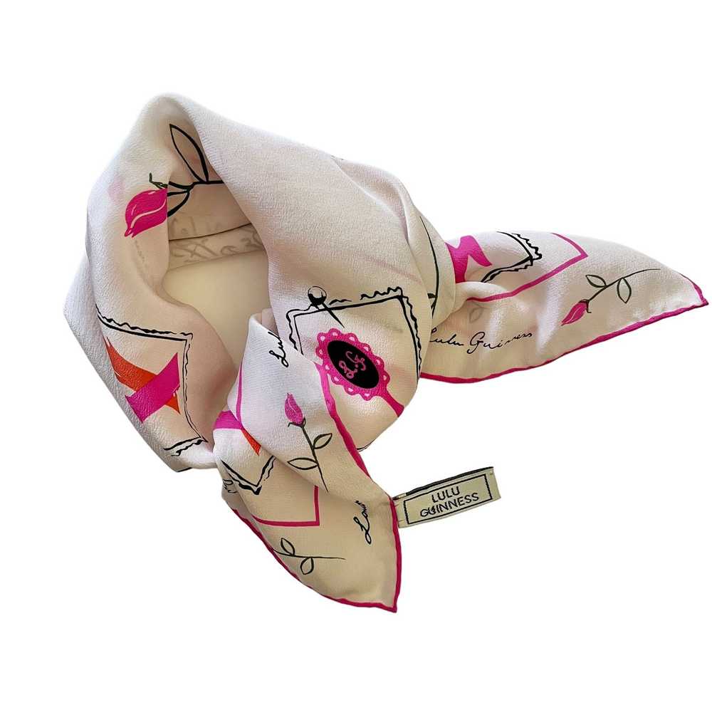 Designer Lulu Guinness Pink Roses White Silk Squa… - image 8