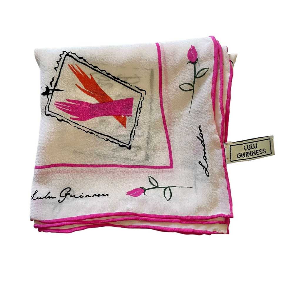 Designer Lulu Guinness Pink Roses White Silk Squa… - image 9