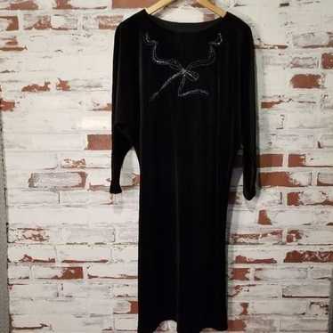 80s Blk Velour Dress w/ Bow Accent M - image 1