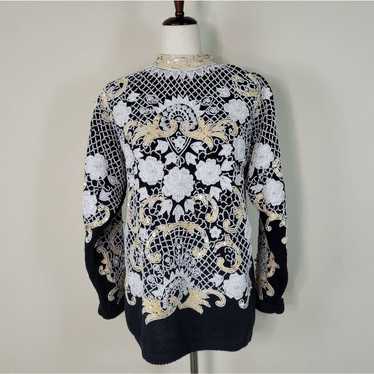 Bonnie Boerer Sweater Womens Black Floral Embroid… - image 1