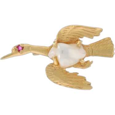 Yellow Gold Cultured Pearl & Ruby Flying Goose Bro