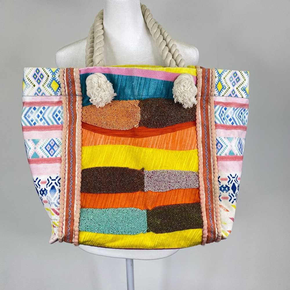 Boho Beaded Embroidered Beach Bag Tote Geometric … - image 1
