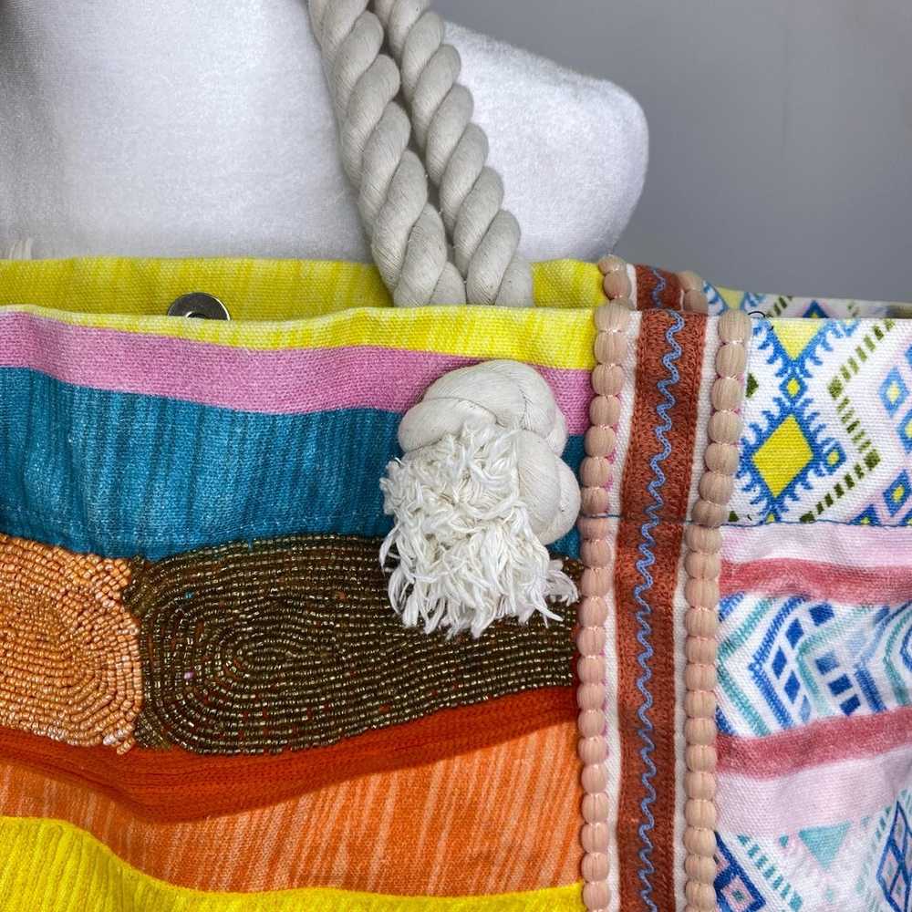 Boho Beaded Embroidered Beach Bag Tote Geometric … - image 4