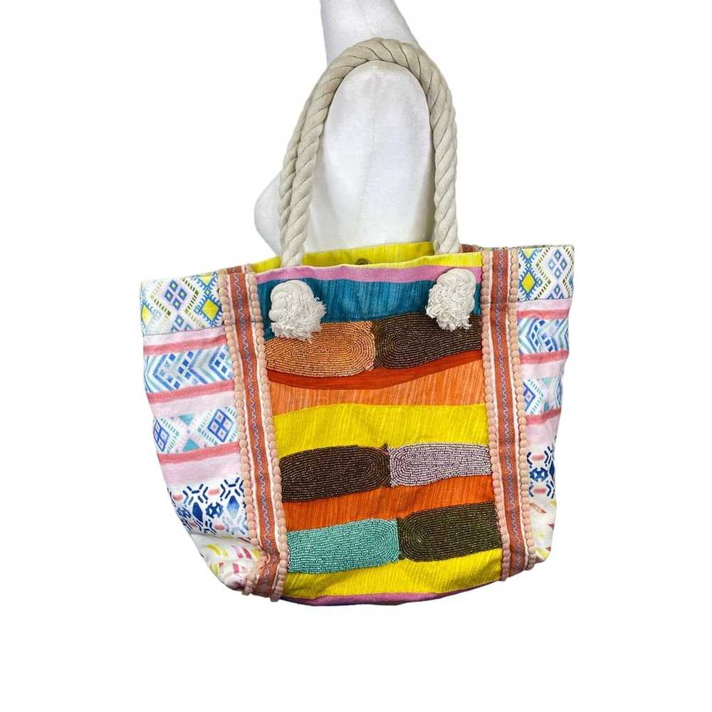 Boho Beaded Embroidered Beach Bag Tote Geometric … - image 5