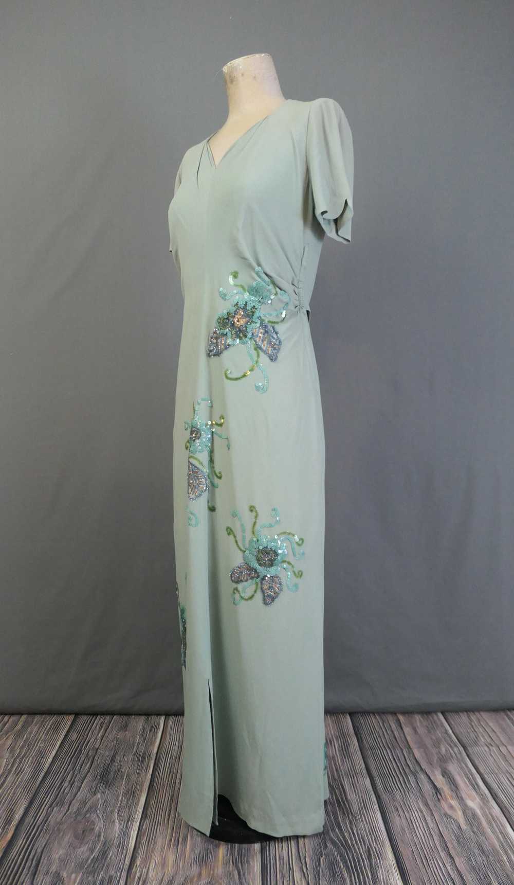 Vintage 1940s Sequin Gown Seafoam Rayon Crepe Dre… - image 10