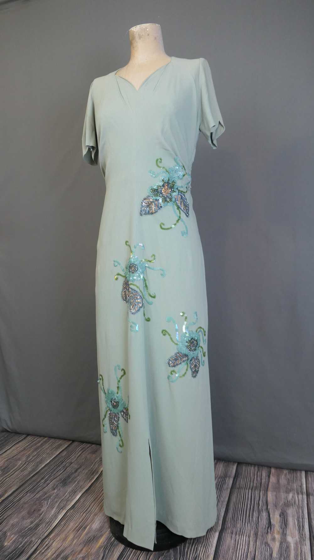 Vintage 1940s Sequin Gown Seafoam Rayon Crepe Dre… - image 11