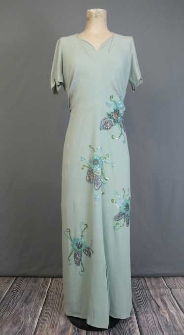 Vintage 1940s Sequin Gown Seafoam Rayon Crepe Dres
