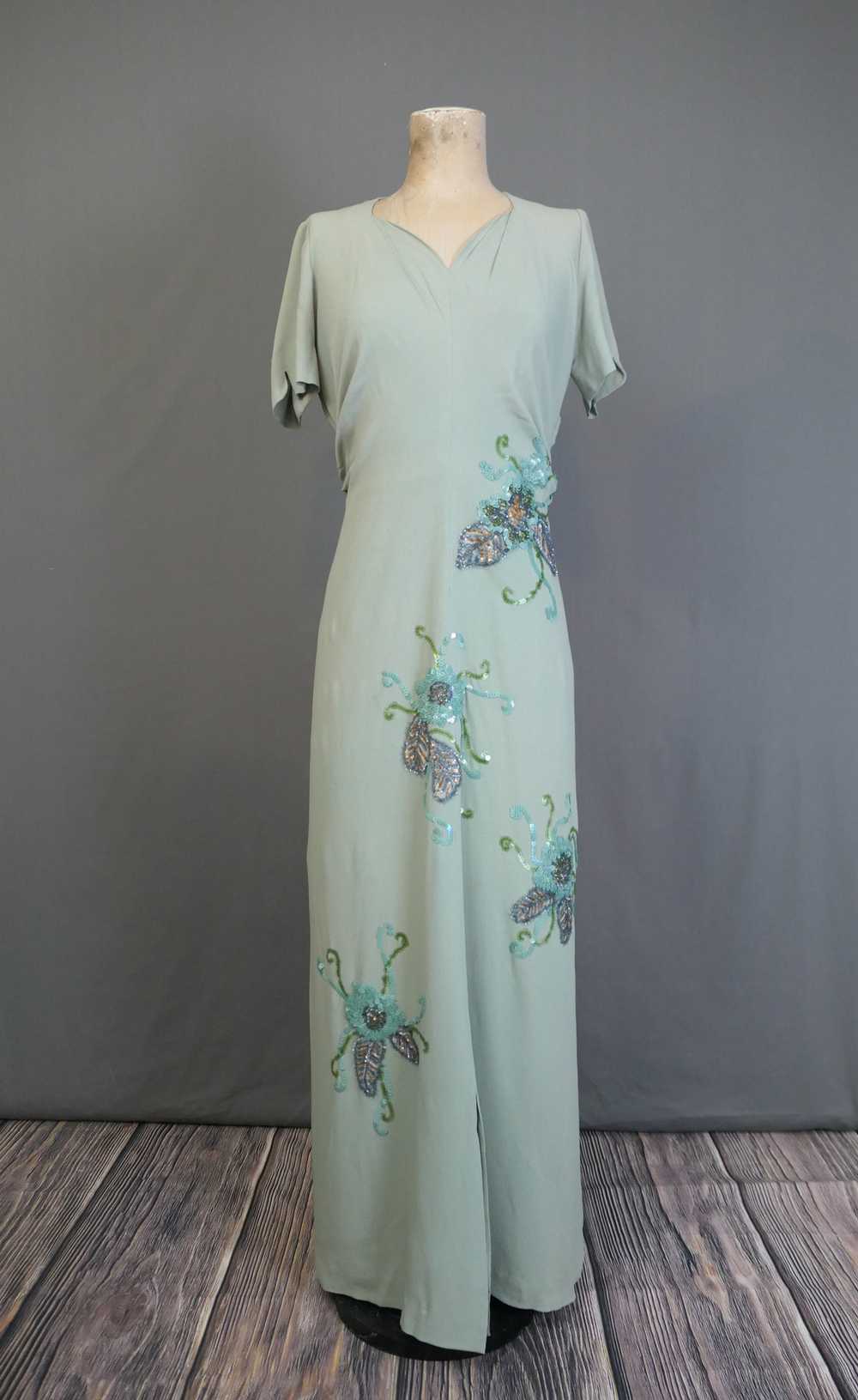 Vintage 1940s Sequin Gown Seafoam Rayon Crepe Dre… - image 2