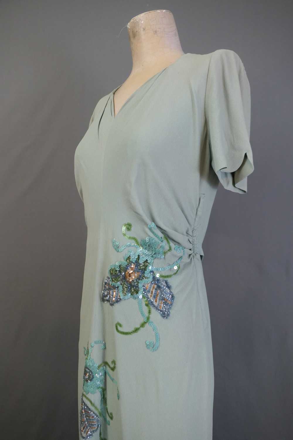 Vintage 1940s Sequin Gown Seafoam Rayon Crepe Dre… - image 5