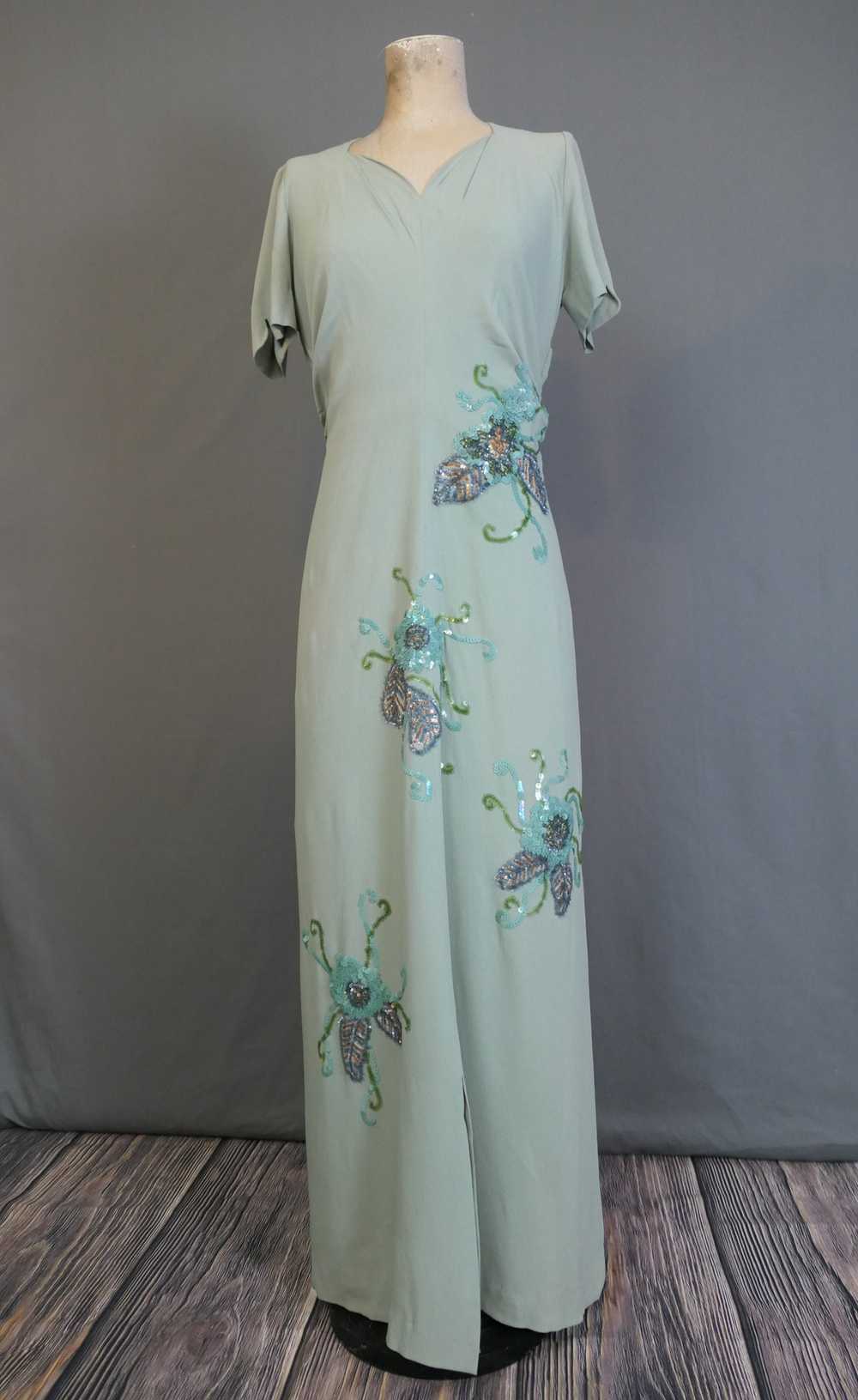 Vintage 1940s Sequin Gown Seafoam Rayon Crepe Dre… - image 6
