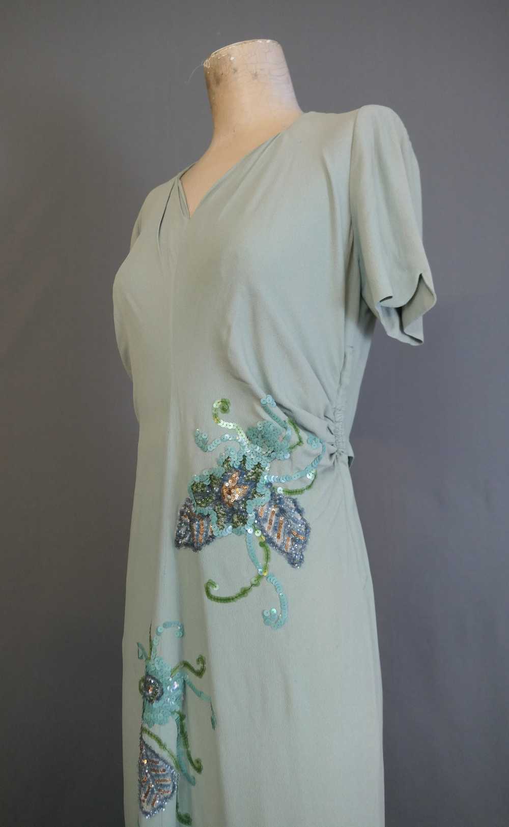 Vintage 1940s Sequin Gown Seafoam Rayon Crepe Dre… - image 7