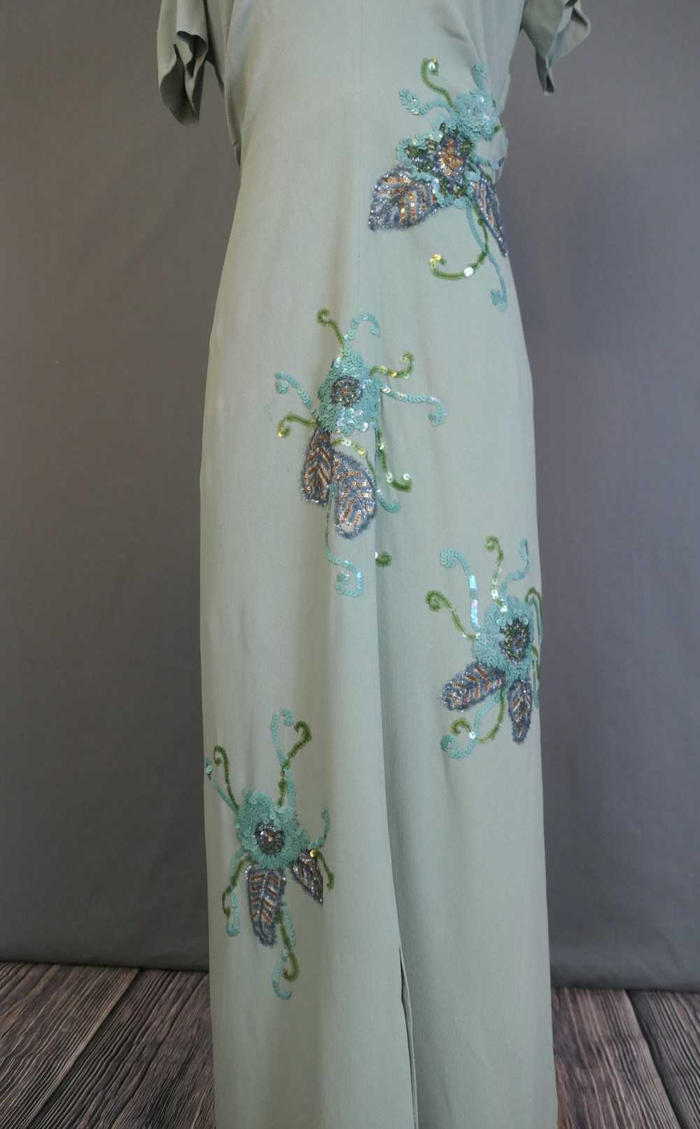 Vintage 1940s Sequin Gown Seafoam Rayon Crepe Dre… - image 8
