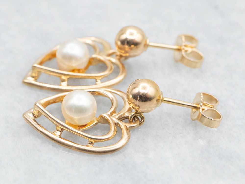 Polished Gold Heart and Pearl Drop Earrings - image 2