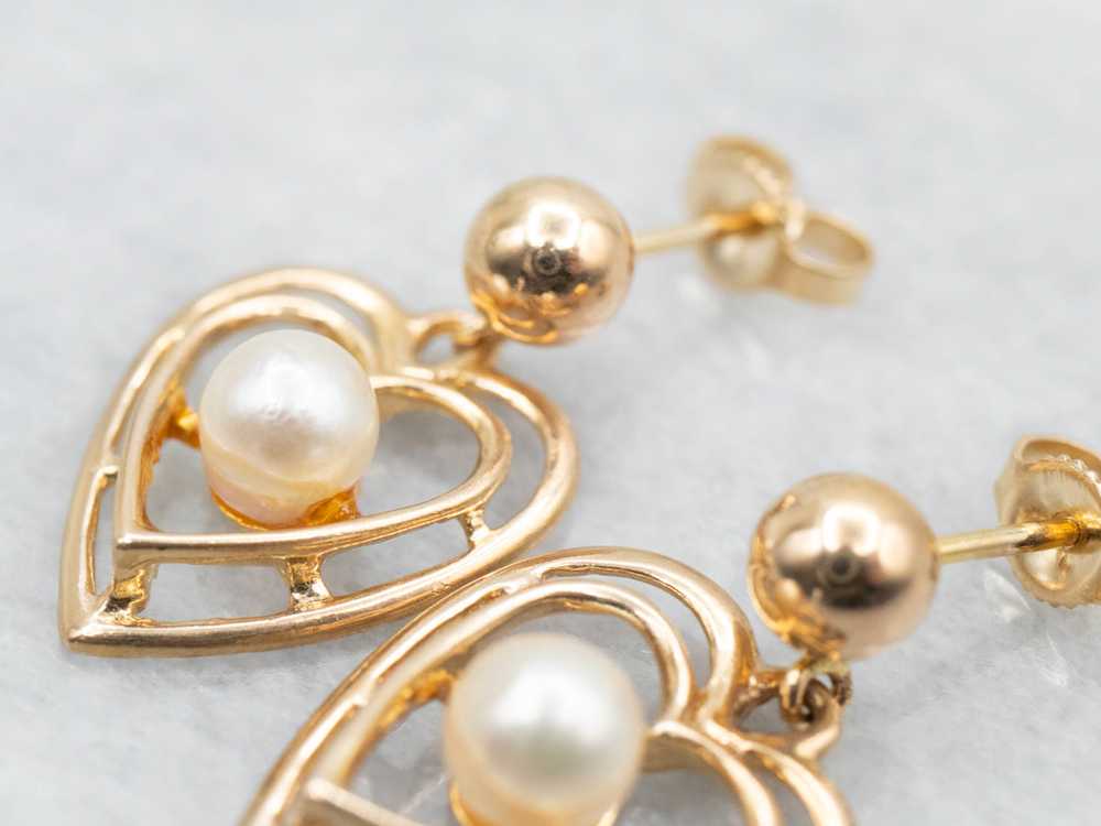 Polished Gold Heart and Pearl Drop Earrings - image 3
