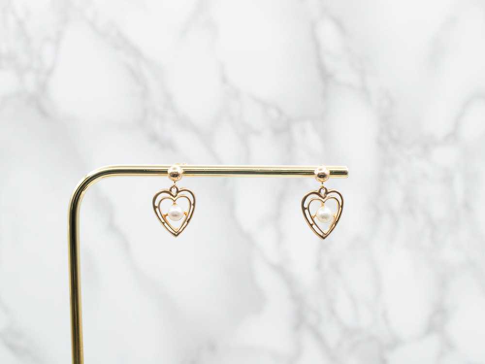 Polished Gold Heart and Pearl Drop Earrings - image 4