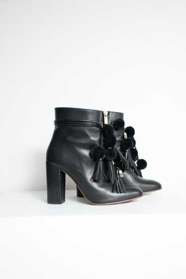 Black Pom Pom Accented Leather Boots