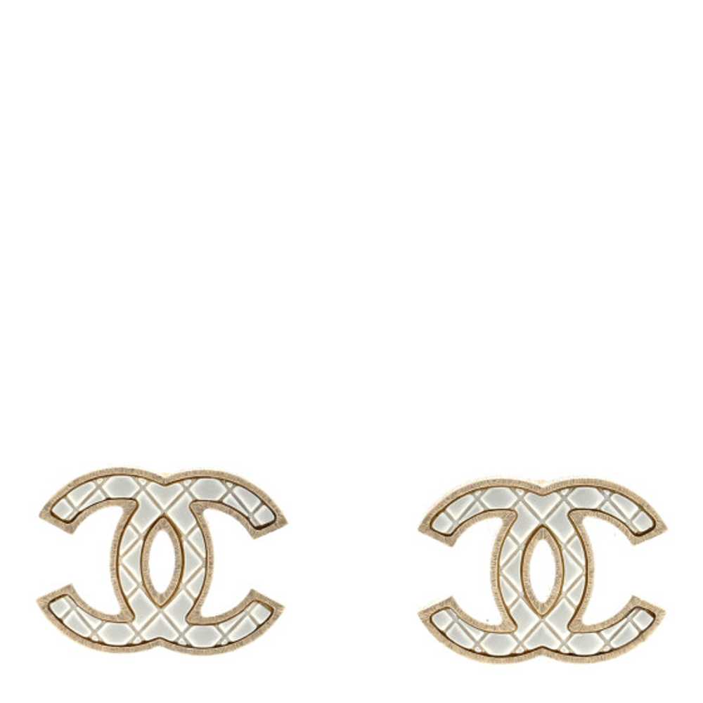 CHANEL Metal Quilted CC Earrings Gold White - image 1