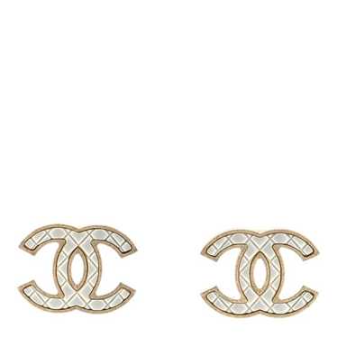 CHANEL Metal Quilted CC Earrings Gold White - image 1