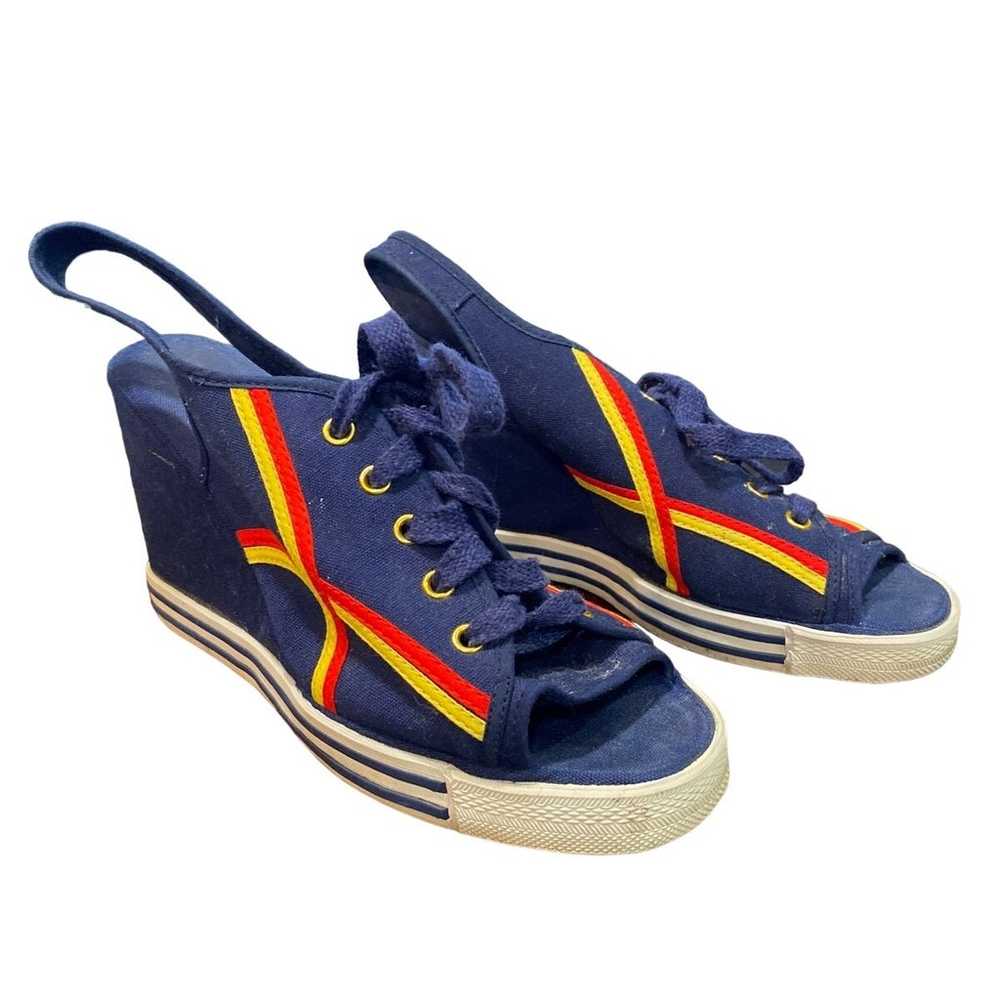 Navy Wedge Heeled Peep Toe Slingback Sneakers Sz … - image 3