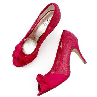 Adrianna Papell Ruby Red Satin and Lace Peep-toe … - image 1