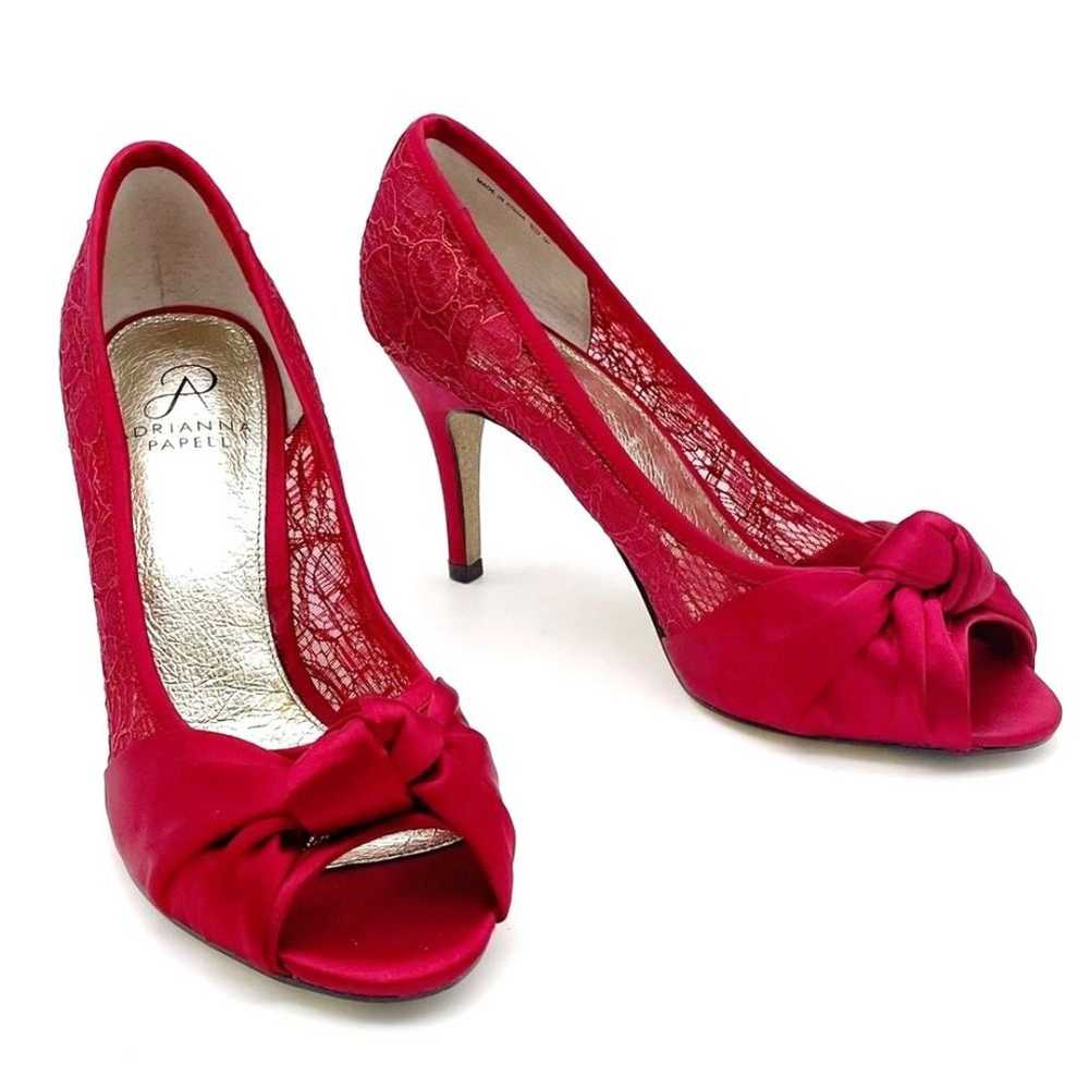Adrianna Papell Ruby Red Satin and Lace Peep-toe … - image 2