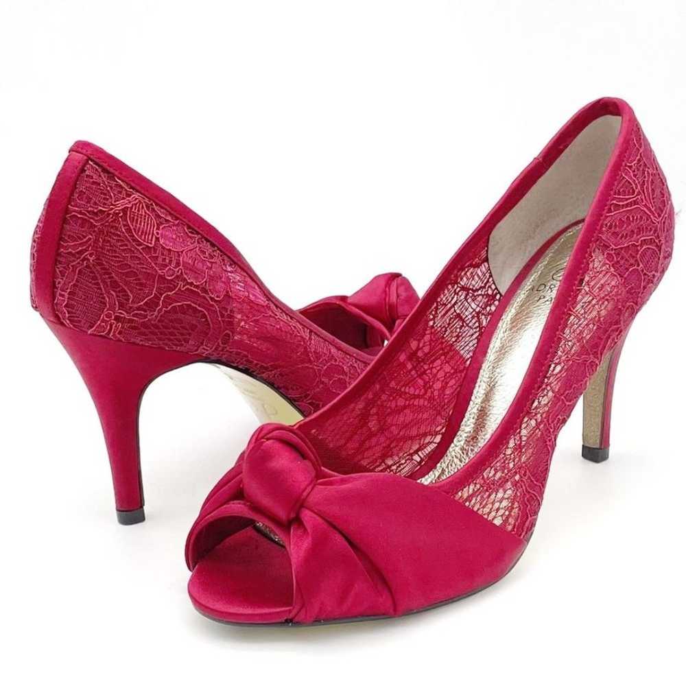 Adrianna Papell Ruby Red Satin and Lace Peep-toe … - image 3