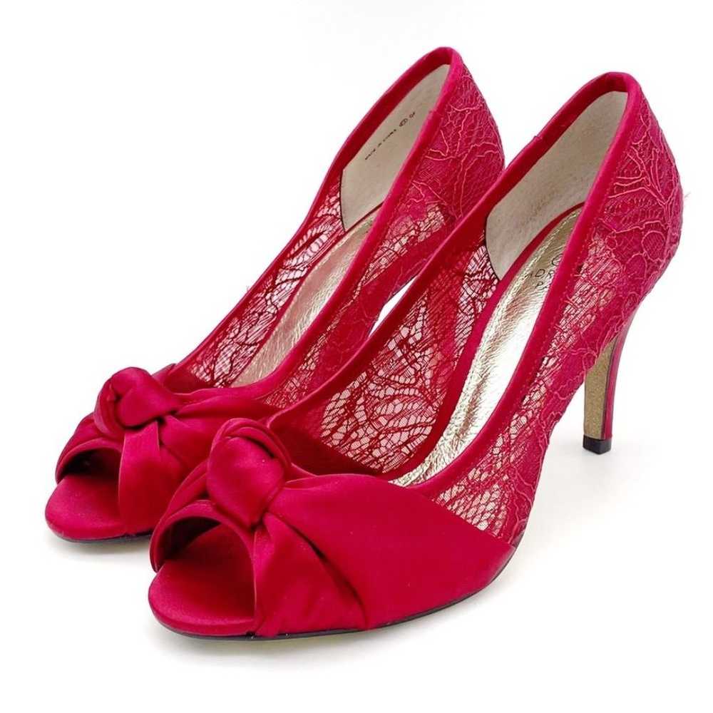 Adrianna Papell Ruby Red Satin and Lace Peep-toe … - image 6