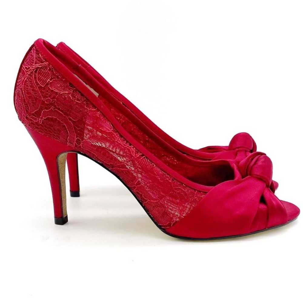 Adrianna Papell Ruby Red Satin and Lace Peep-toe … - image 8