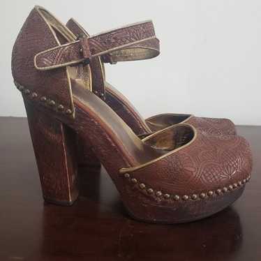 Vintage Prada Shoes Platform Ankle Studs Brown Le… - image 1