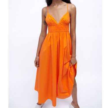 Zara Bright Orange Neon Smocked Crepe Midi Dress