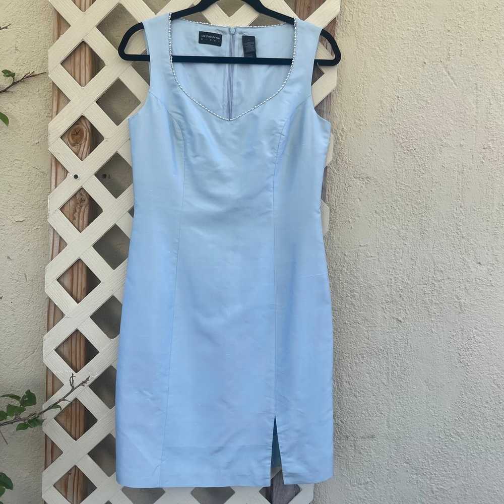 Claiborne Blue Silk A-Line Dress Sleeveless Pearl… - image 4