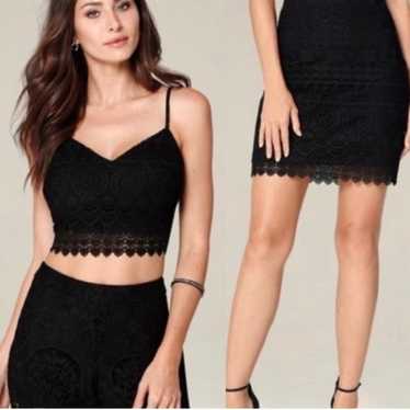 bebe Bradlie Black Lace Crop Top & Skirt Set size 